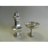 A silver sugar caster hallmarked London together with a silver mounted pedestal bon bon dish