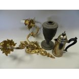 Works of art to include a cast brass two branch wall sconce and various metal wares.