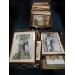 Three boxes of modern pictures to include examples by Olivia Pollington and oils of dogs and clowns