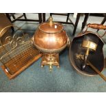 A Victorian brass magazine rack, copper samovar,