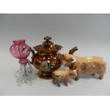 A Beswick cattle group (at fault), a pair of cranberry glass bud vases,