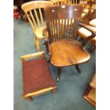 An Edwardian oak swivel office chair and a beech framed lift top piano stool (cut down)