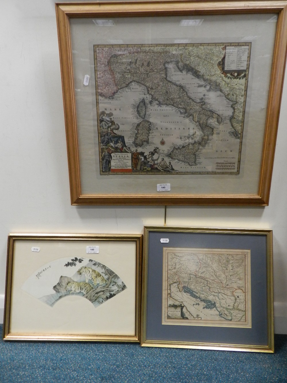 A collection of three pictures to include a 20th century reproduction map of Italy,
