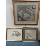 A collection of three pictures to include a 20th century reproduction map of Italy,