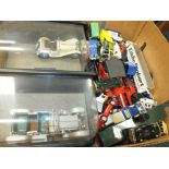 A box of mostly unboxed die cast and plastic vehicles including 1935 Mercedes Benz,