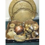 A quantity of various metal wares including embossed brass dish, an Indian brass,
