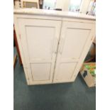 A white painted double door cabinet with three shelves to the interior, 98cm wide, 54cm deep,