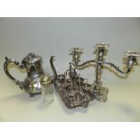 Electro plated wares to include: a pair of two branch candelabra, egg cup set and stand,