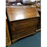 A George III oak bureau with fitted interior above four long drawers on bracket feet, 92cm wide,