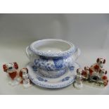 A Till & Son 'Geranium' pattern tureen and stand together with a group of Staffordshire dog figures