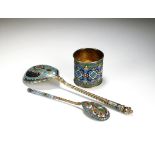 A Russian silver gilt and cloisonne enamel spoon,