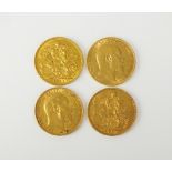 Three Edward VII sovereigns, dated 1907 x 2 and 1909, together with a George V sovereign,