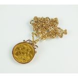 A 1913 sovereign within pendant mount, suspended from yellow metal chain,