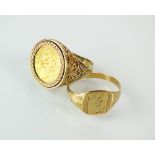 A 1982 half sovereign set ring, within 9ct gold mount, together with a 9ct gold signet ring,