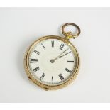 A Lady's yellow metal continental open face fob watch, stamped '14k',