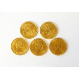 Five Elizabeth II half sovereigns,