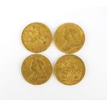 Four Victoria old head sovereigns, dated 1893, 1899,