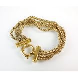 A 9ct yellow gold four strand chain bracelet, with large bolt ring clasp, weight 21.