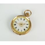 A Lady's fob watch, the decorative white enamel dial with Roman numerals,