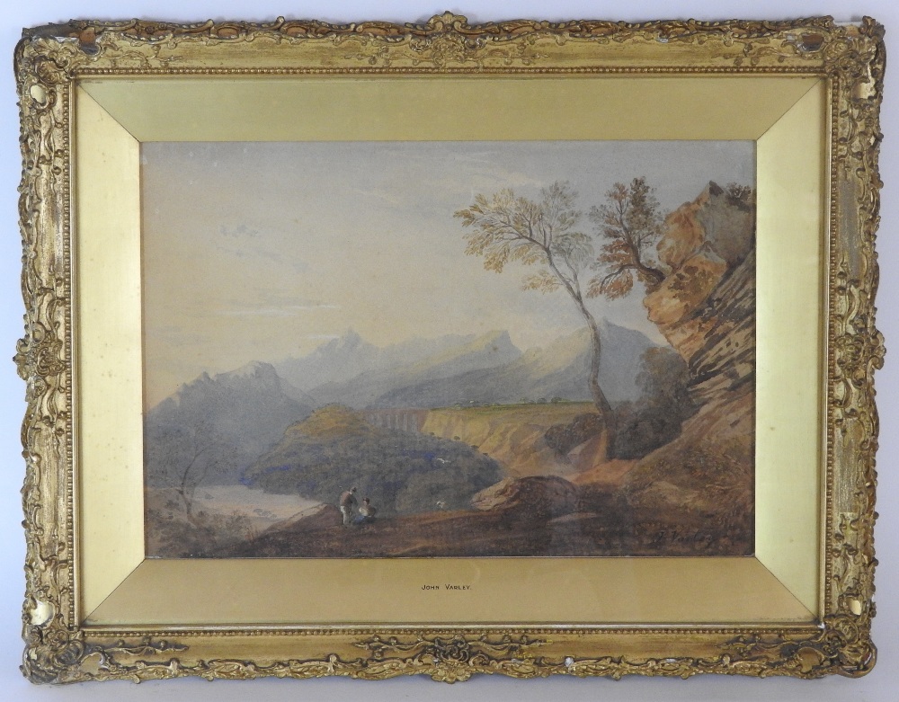 John Varley RWS (1778-1842) Figures seated on a mountain side with a viaduct beyond, - Image 2 of 4
