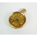 A Lady's 9ct gold fob watch, the decorative champagne dial with black Roman numerals,