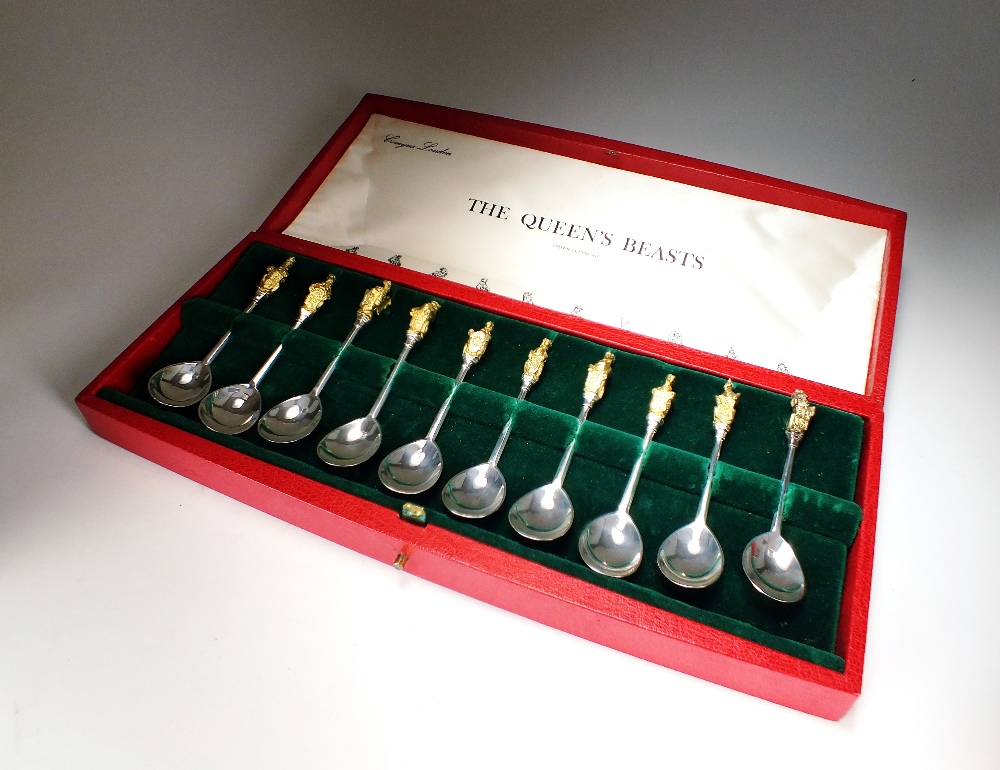 A cased set of ten commemorative silver and gilt spoons 'The Queen's Beasts',