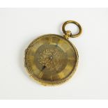 A Lady's yellow metal continental open face fob watch, stamped '18k',