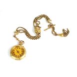 A Lady's fob watch, stamped '14k', the decorative champagne dial with black Roman numerals,