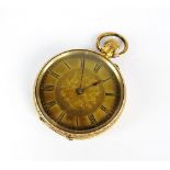 A Lady's open face fob watch, stamped '18k', the decorative champagne dial with Roman numerals,