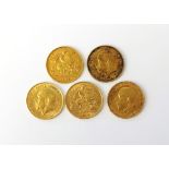 Five half sovereigns, dated 1908,