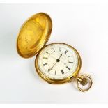 A late 19th century 18ct gold full hunter chronograph pocket watch, hallmarked Chester 1882,