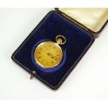 A Lady's fob watch, stamped '14k', the decorative champagne dial with black Roman numerals,