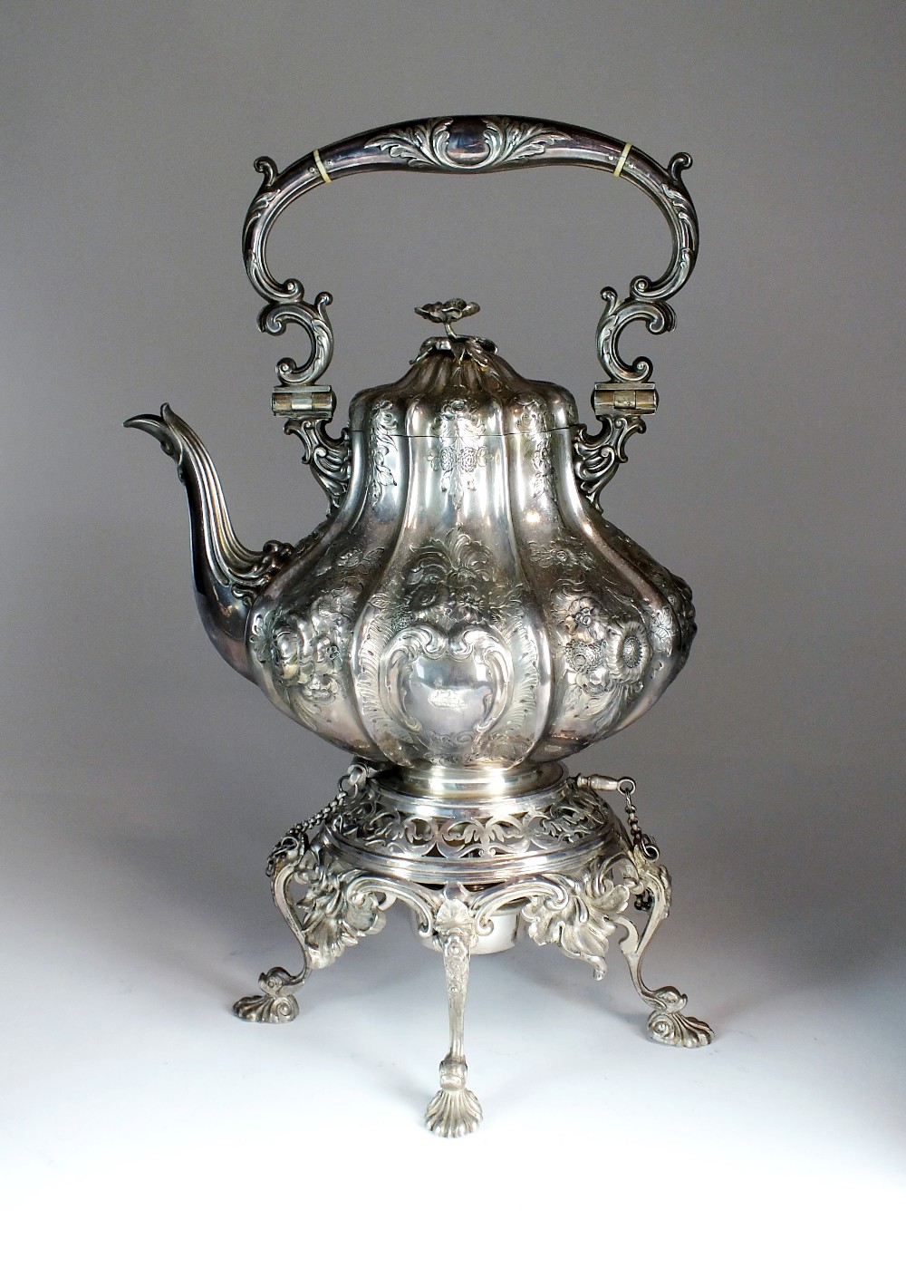 A late 19th century Elkington & Co silver plated spirit kettle, stand and burner,