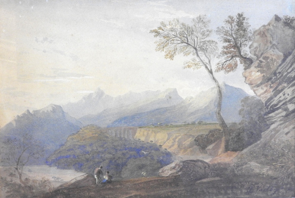 John Varley RWS (1778-1842) Figures seated on a mountain side with a viaduct beyond,
