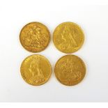 Four Victoria sovereigns, comprising; Jubilee head dated 1889 and three Old head examples,