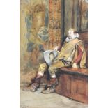 Edouard Detaille (1848-1912) Cavalier seated on an oak settle in an interior,