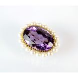 A 9ct gold amethyst and seed pearl cluster brooch,