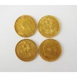 Three Victoria old head sovereigns, dated 1898 and 1899 x 2, together with an Edward VII sovereign,