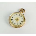 A Lady's fob watch, the decorative white enamel dial with Roman numerals,