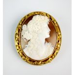 An oval shell cameo brooch depicting Bacchus, within yellow metal decorative brooch mount,