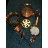 A quantity of mixed brass and copper wares together with an oak cased aneroid barometer