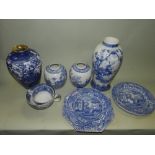 Three trays of blue and white wares including: Copeland Spodes Italian pattern dinner wares,