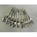 A collection of silver fiddle and thread pattern spoons and forks,