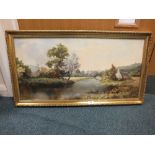 Prudence Turner, River View with a cottage and a bridge, signed lower left,