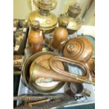 A box of copper and brass ware to include a Bing Brothers spirit kettle on stand,