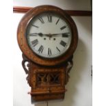An American inlaid mahogany drop dial wall clock with painted dial and black Roman numerals