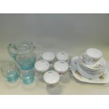A tray of Shelley 'Wild Flowers' tea ware and blue glass lemonade set and two boxes of Johnsons