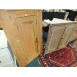 A stripped pine wall hanging corner cupboard with indented panel cupboard door, 86cm wide,