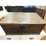 An early 18th century oak bible or document box with iron work lock plate and inscribed to the