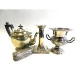A silver bachelors teapot together with a silver trophy cup in the form of an urn,